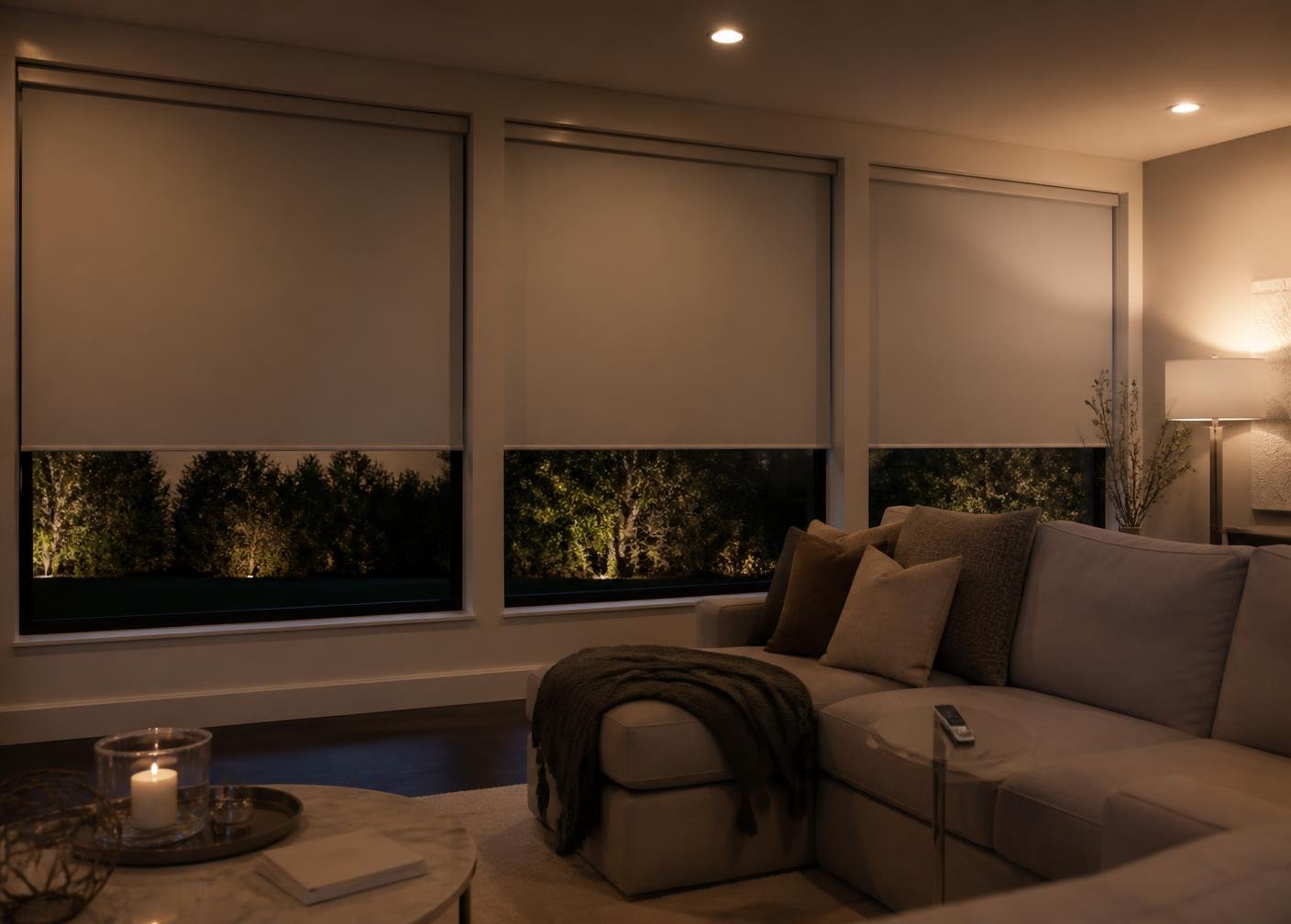 Cortina automatizada em sala de estar com iluminação noturna